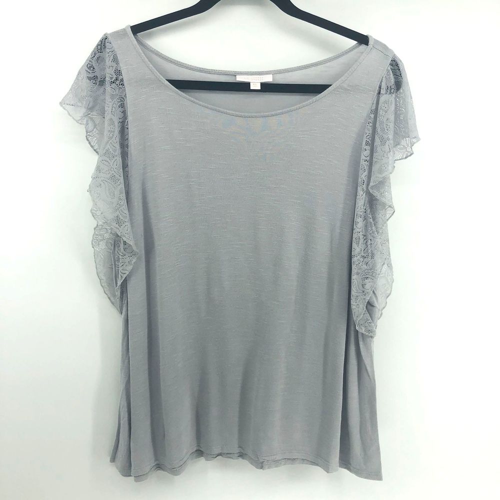 LC Lauren Conrad Gray Lace Flutter Sleeve Blouse